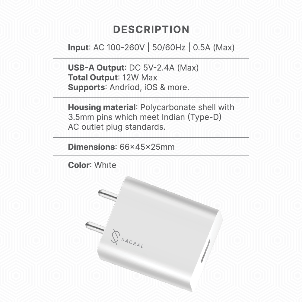 2.4A/5V Single USB-A output wall charger adapter.