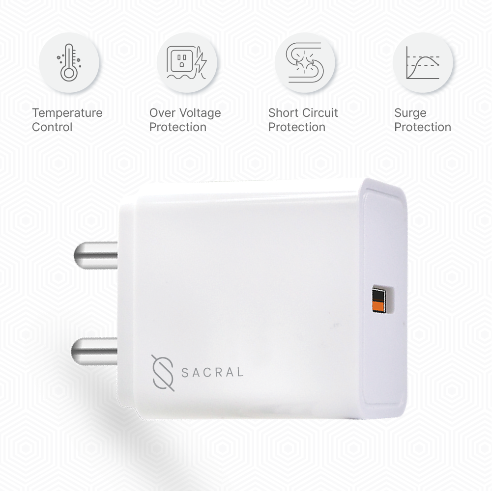 25Wp Single USB Fast Charger compatible with Quick Charge 3.0 protocol with Type - C cable.