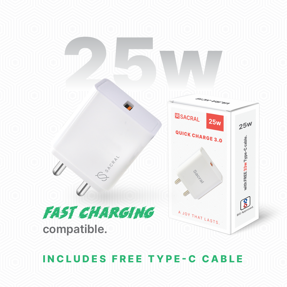 25Wp Single USB Fast Charger compatible with Quick Charge 3.0 protocol with Type - C cable.