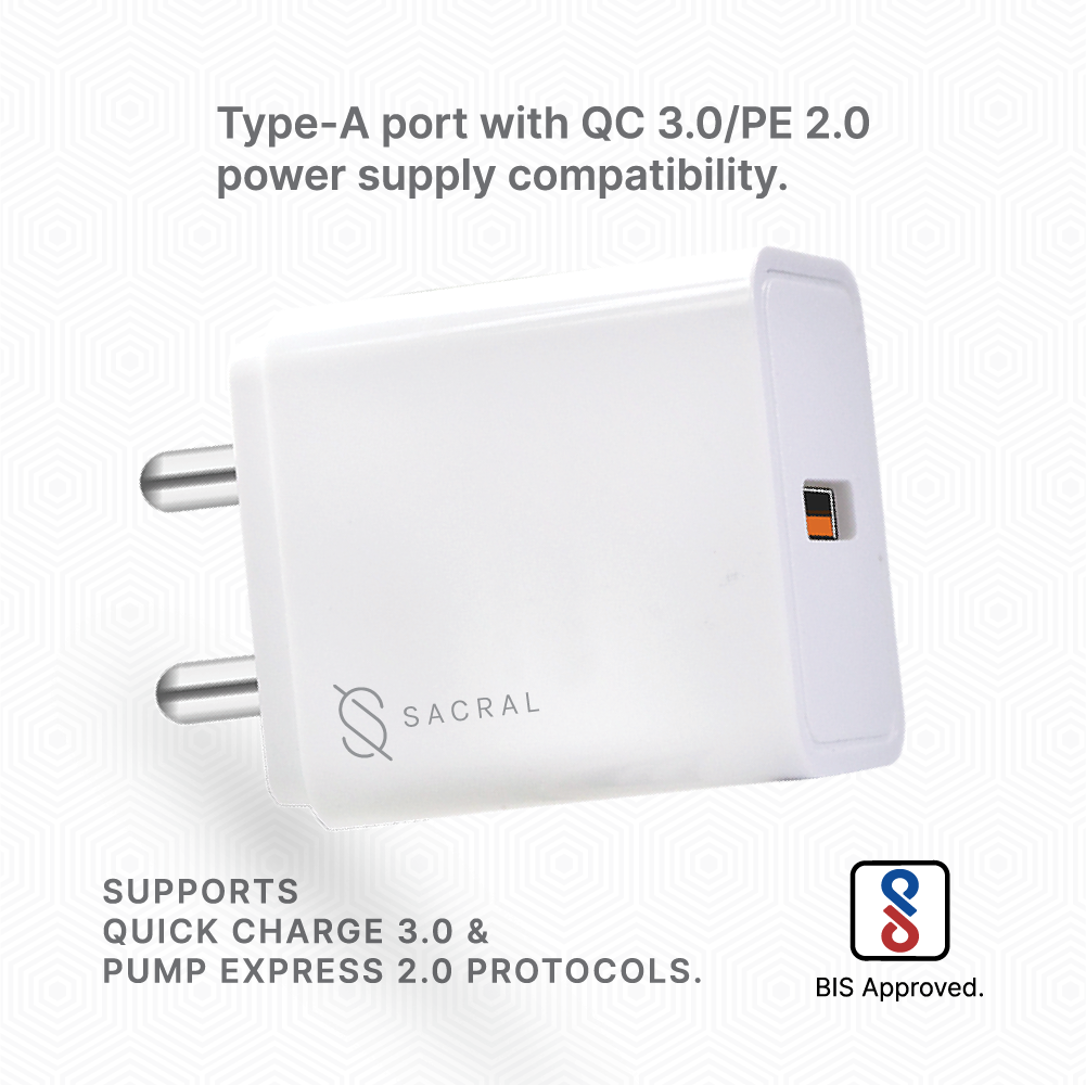 25Wp Single USB Fast Charger compatible with Quick Charge 3.0 protocol with Type - C cable.