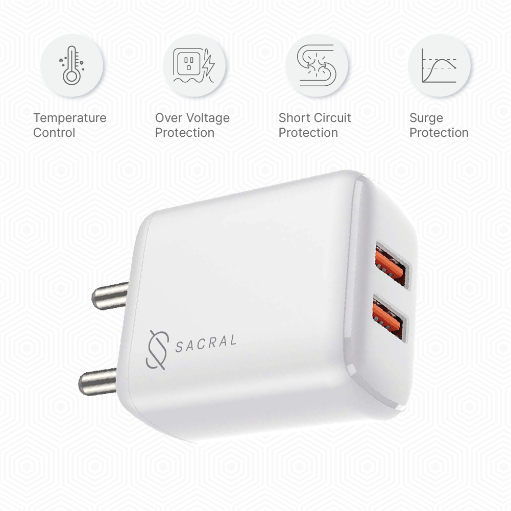 2.4A/5V Dual USB-A output wall charger adapter.