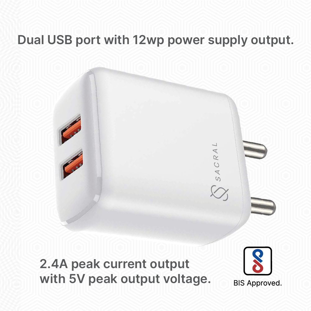 2.4A/5V Dual USB-A output wall charger adapter.
