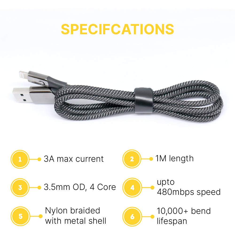 3A-33Wp: 1Meter LIGHTNING / 8PIN, fast charging Nylon braided cable.