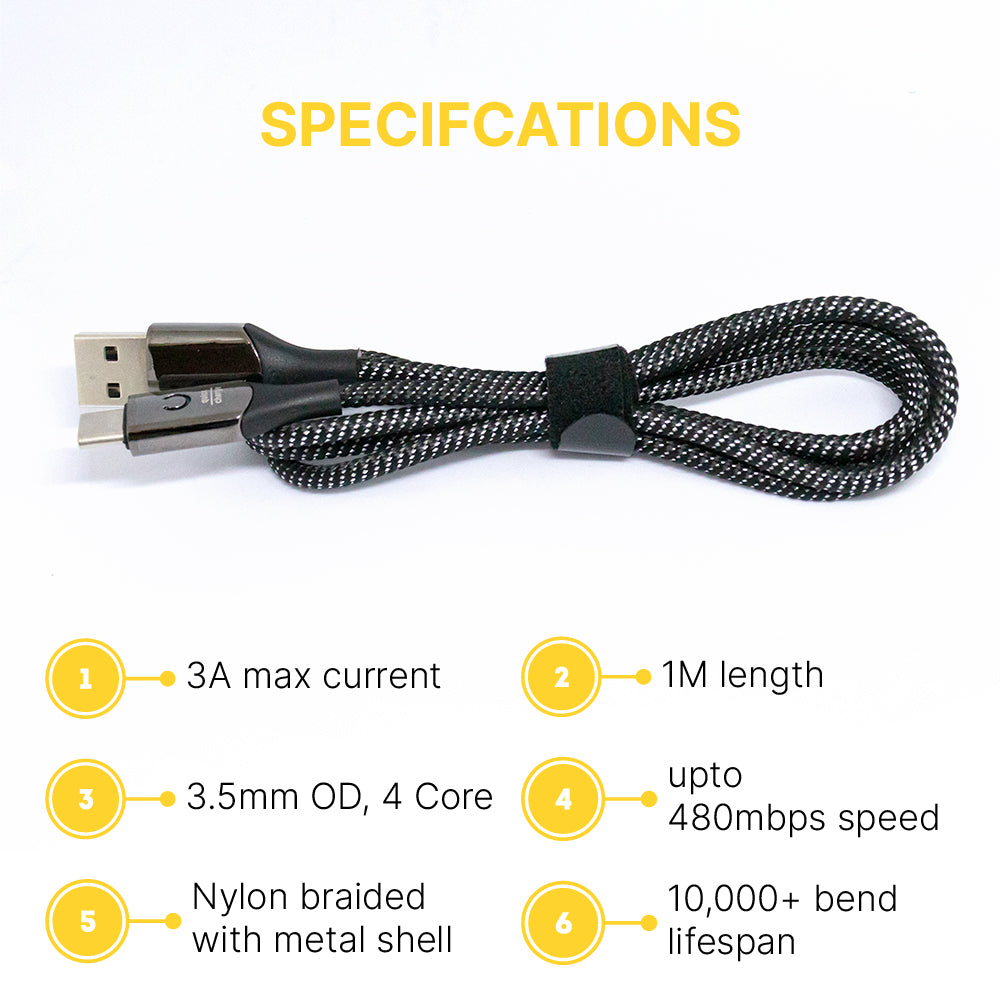 3A-33Wp: 1Meter TYPE-C fast charging Nylon braided cable.
