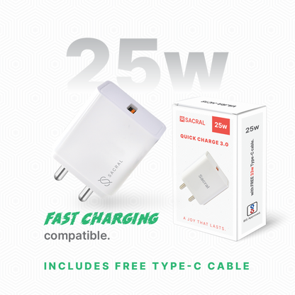 25Wp Single USB Fast Charger compatible with Quick Charge 3.0 protocol with Type - C cable.
