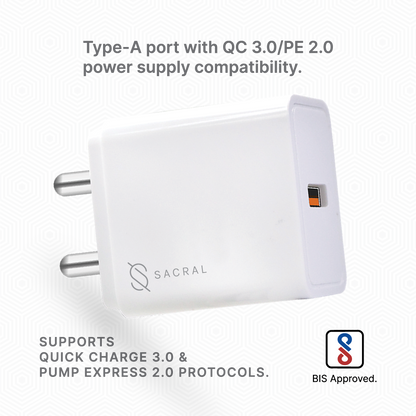 25Wp Single USB Fast Charger compatible with Quick Charge 3.0 protocol with Type - C cable.