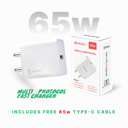 65w SuperVOOC Single USB Fast Charger mutli-protocol compatible with free 65w Type-C cable.