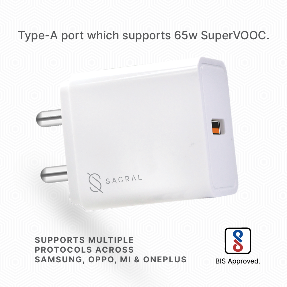 65w SuperVOOC Single USB Fast Charger mutli-protocol compatible with free 65w Type-C cable.