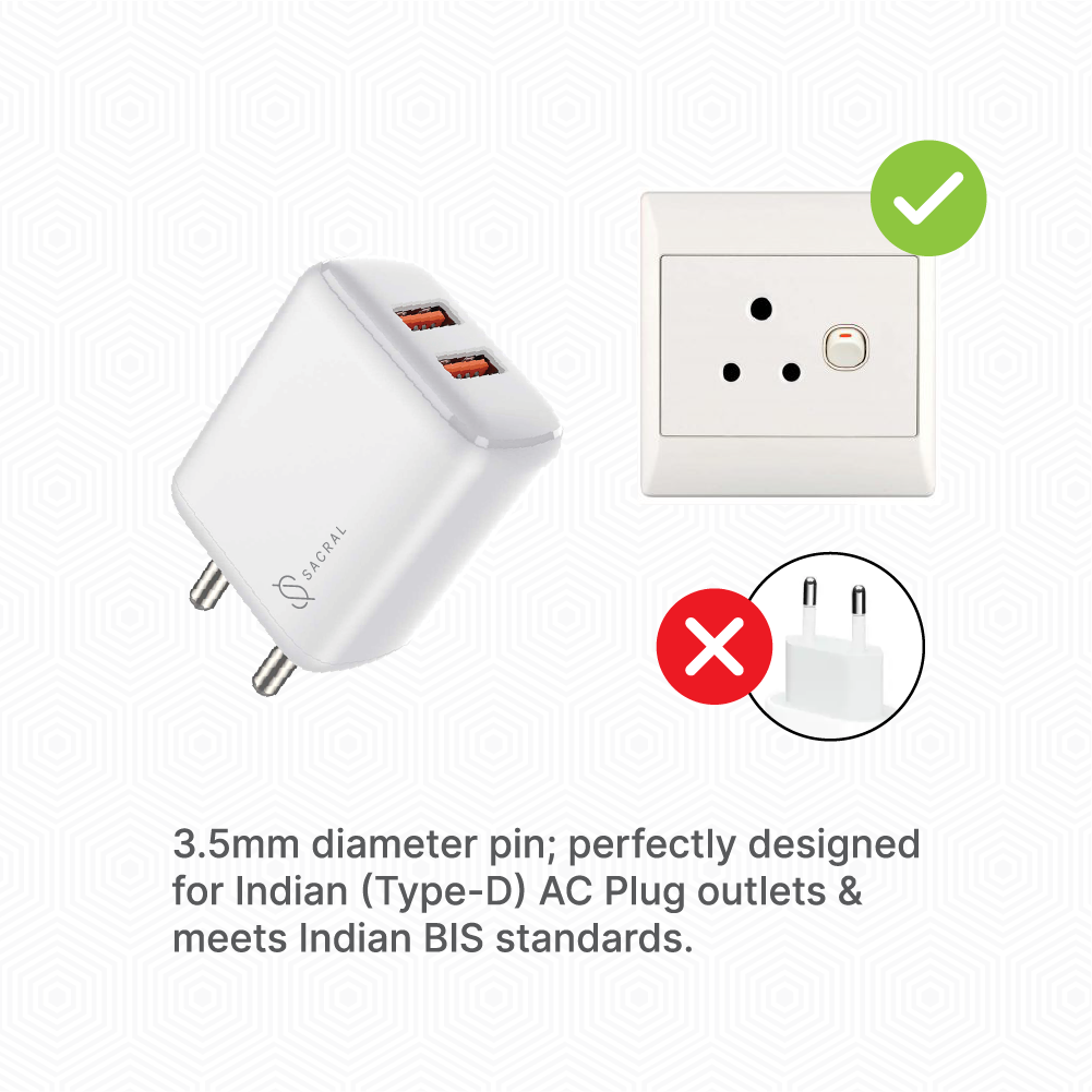 2.4A/5V Dual USB-A output wall charger adapter.