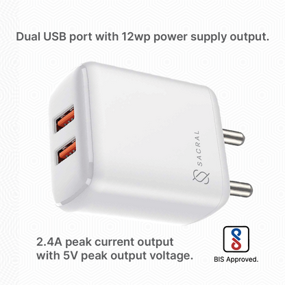 2.4A/5V Dual USB-A output wall charger adapter.