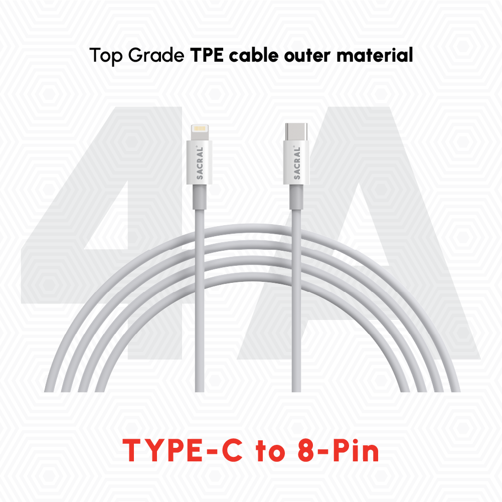 4A/60W: 1-Meter Type-C to 8-Pin/Lightning, fast charging cable.