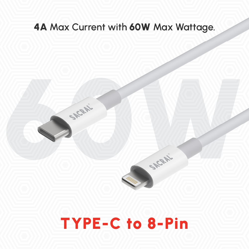 4A/60W: 1-Meter Type-C to 8-Pin/Lightning, fast charging cable.