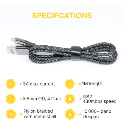 3A-33Wp: 1Meter LIGHTNING / 8PIN, fast charging Nylon braided cable.